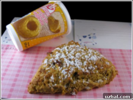 Delicious Butterscotch Scones with a hint of pumpkin and pecans, dusted with powdered sugar.