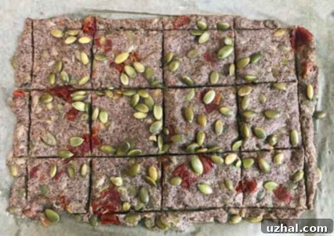 Flax crackers scored into squares on parchment paper before baking