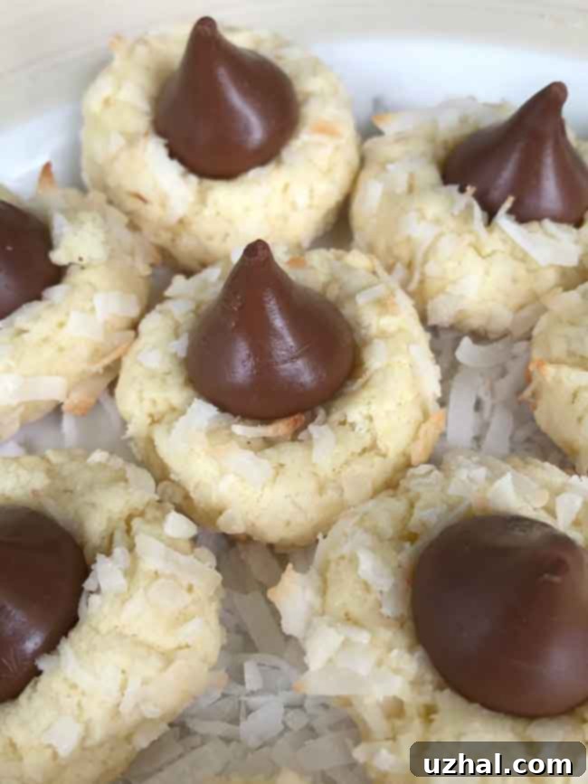 Close-up of golden brown Hershey's Kisses Coconut Macaroons on a cooling rack, showcasing the melted chocolate center.