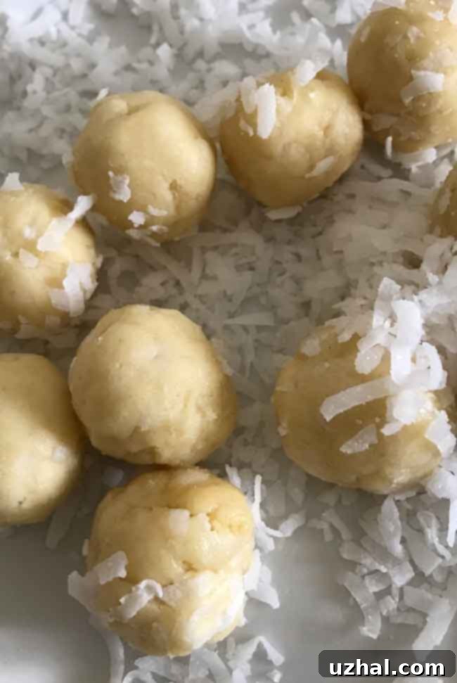 A batch of unbaked Hershey's Kisses Coconut Macaroon dough balls, coated in coconut flakes, ready for the oven.