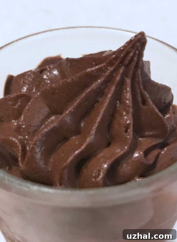 Rich chocolate mousse made with heavy cream and chopped chocolate, elegantly served.