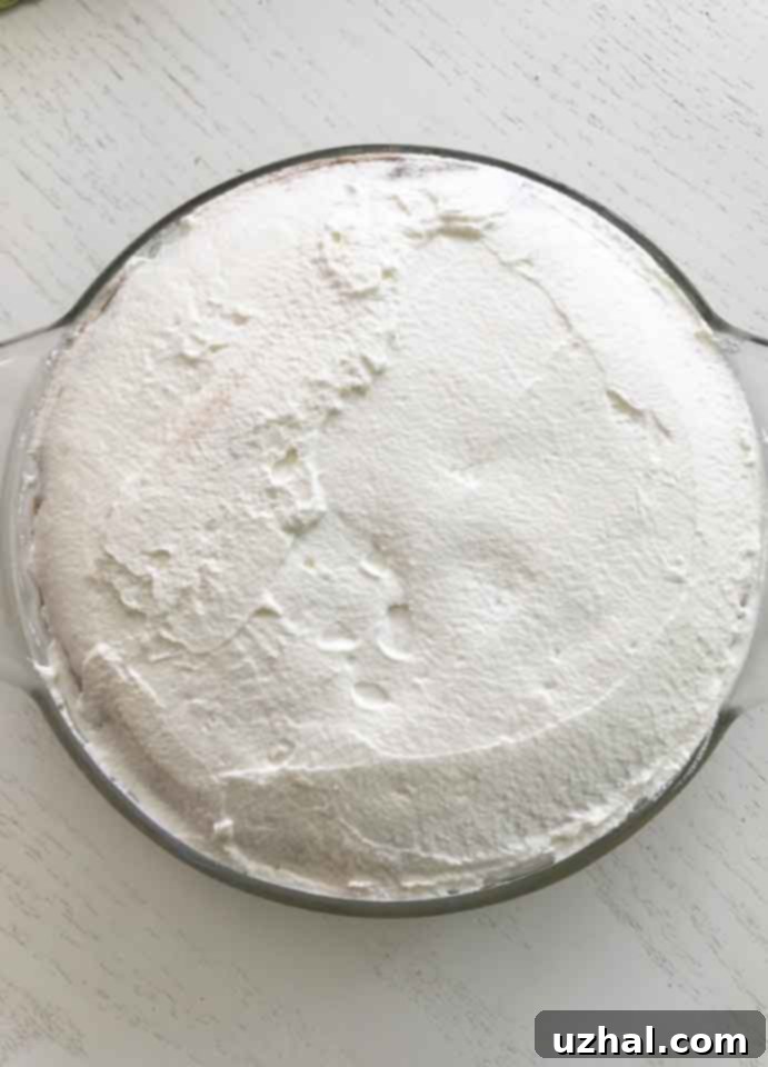 A slice of Chocolate Dream Pie with a generous layer of whipped cream