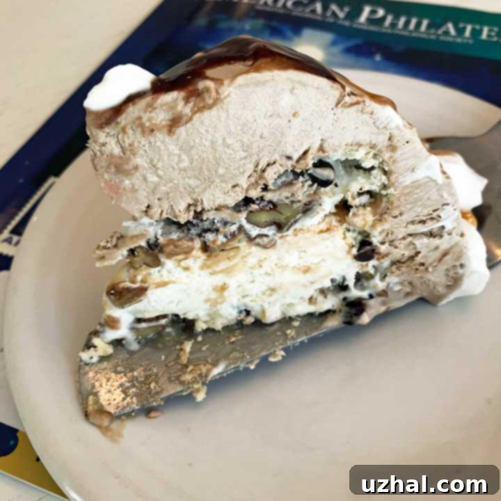 Frozen Chocolate Torte, showing the distinct layers of pecan meringue, vanilla ice cream, and chocolate whipped cream