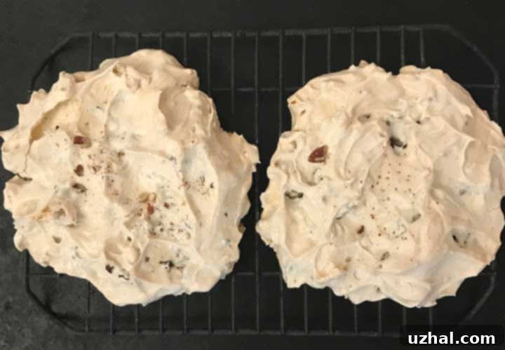 Baked meringue circles and a few smaller meringue cookies on a baking sheet, golden and crisp