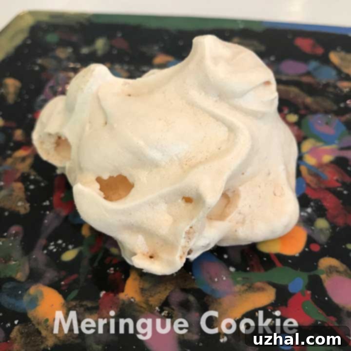 Close-up of a perfectly baked meringue cookie, showing its crisp texture