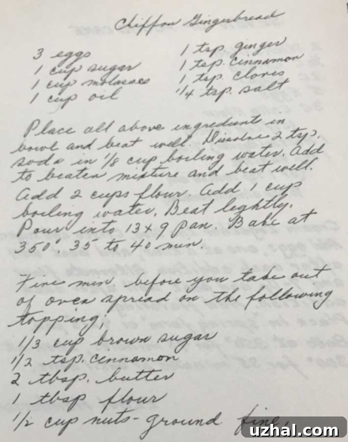 Original recipe page from the church cookbook, showing handwritten ingredients and instructions for Chiffon Gingerbread.