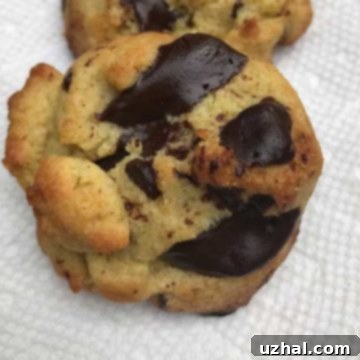 A small batch of golden-brown keto chocolate chip cookies, stacked on a cooling rack, with a few melted chocolate chips visible.