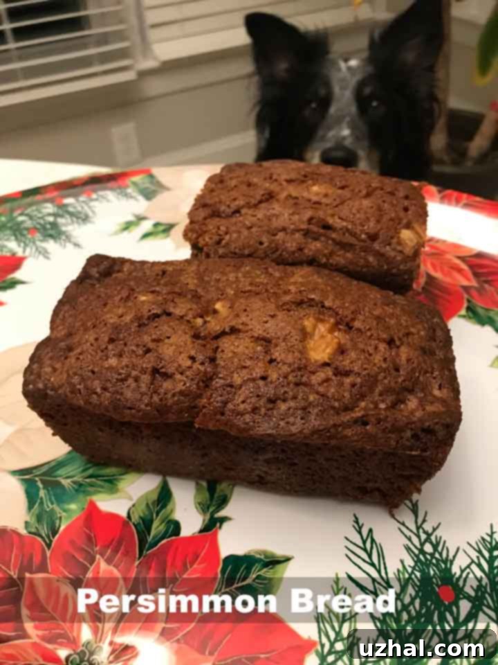 Sliced persimmon bread showing its moist interior, pecans, and raisins.