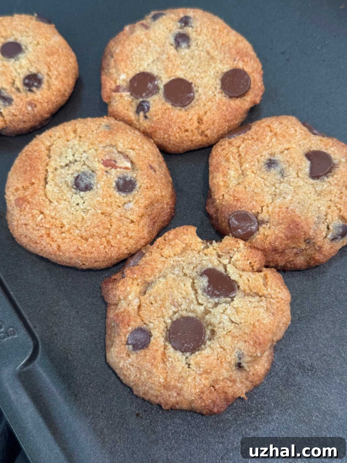 Delicious keto chocolate chip cookies made with allulose, cooling on a rack.