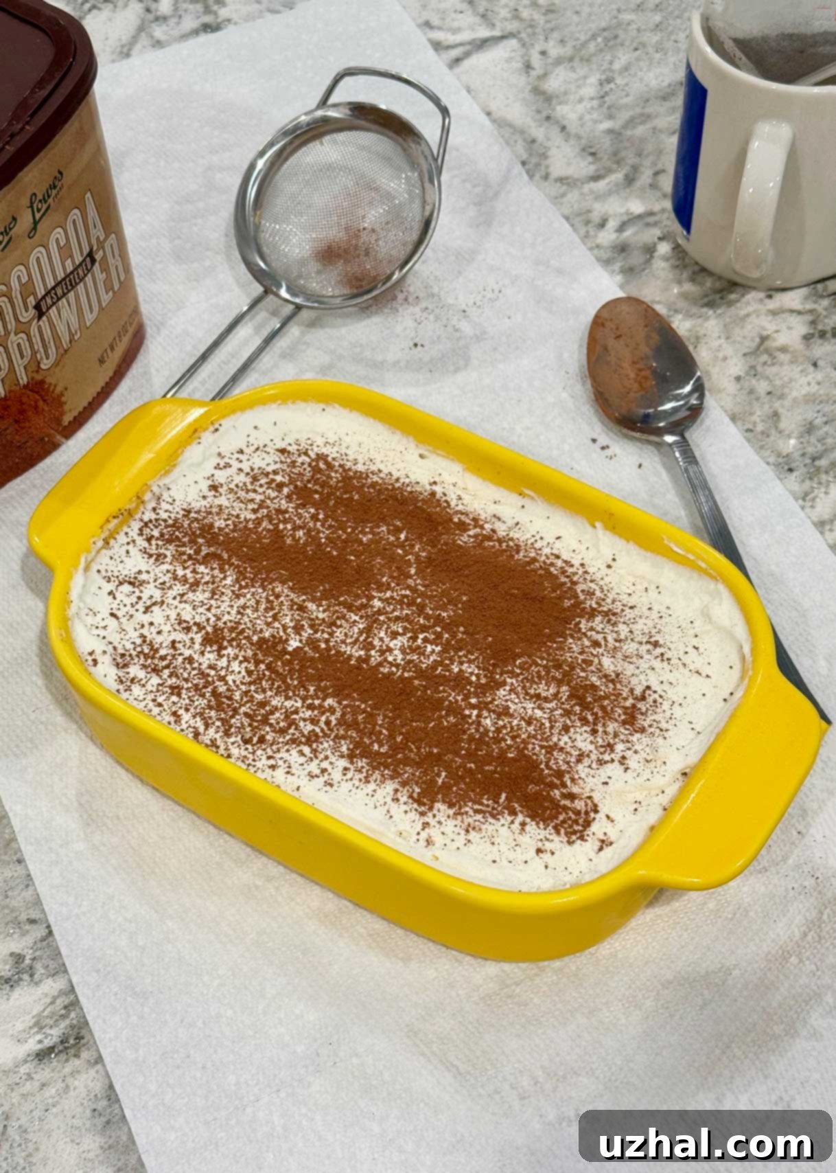A smaller Mayan Chocolate Pie nestled in a decorative rectangular casserole dish, topped abundantly with whipped cream, demonstrating its versatility for different serving sizes.