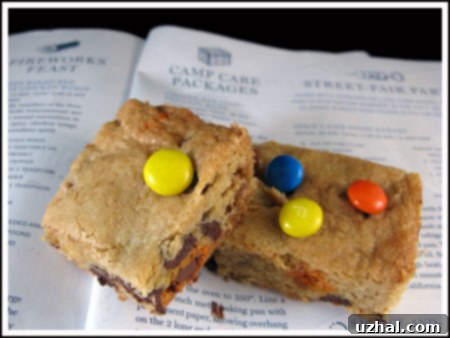 Pretzel Bars are Blondies with M&Ms, pretzels and potato chip bits mixed in with the batter, offering a delightful sweet and salty crunch.