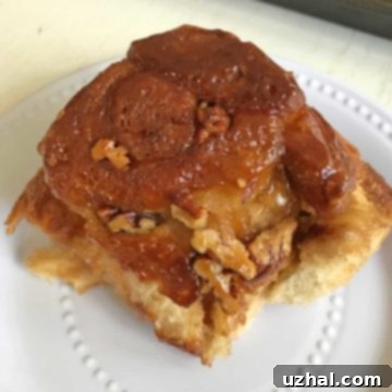 A single delicious Whole Wheat Caramel Roll, showing the soft interior and sticky exterior with pecans.