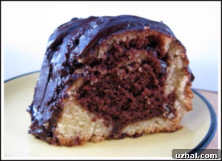 Close-up of a slice of Chocolate Syrup Swirl Cake showing the rich chocolate and vanilla layers