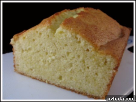 A perfectly sliced piece of homemade lemon loaf cake on a serving plate, showcasing its moist and dense texture.