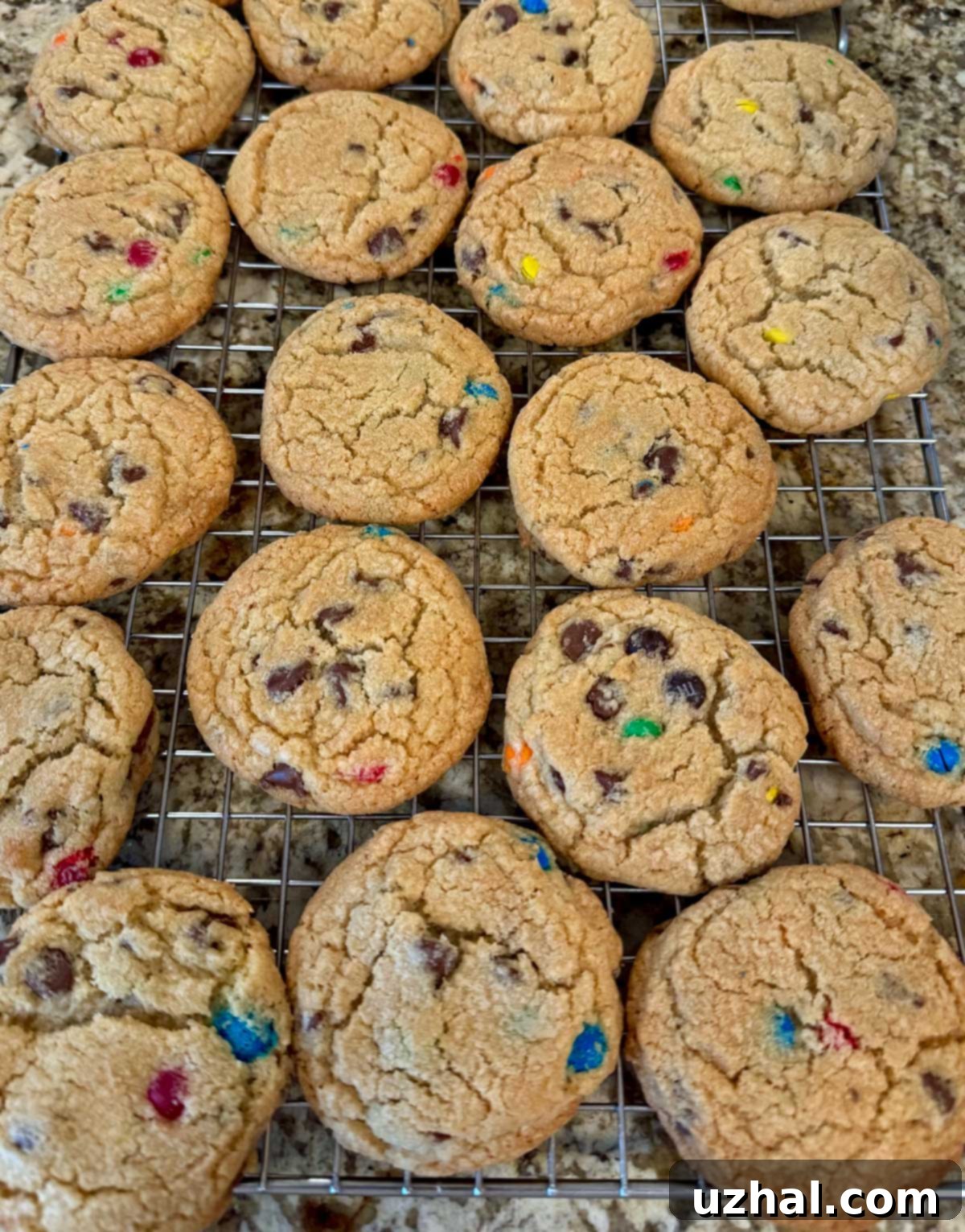 Close-up of freshly baked jumbo M&M cookies, showcasing their thick texture and colorful M&M candies