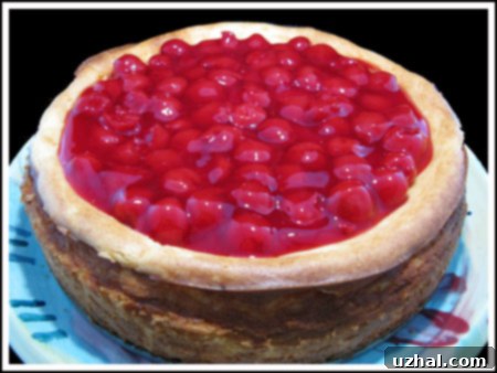 A whole cherry cheesecake made with Argo cornstarch and pureed cottage cheese, ready to be sliced.