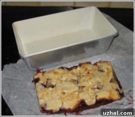 Small Batch Razz-Ma-Tazz raspberry bars baked in a 9x5 inch loaf pan, showing the golden crust.