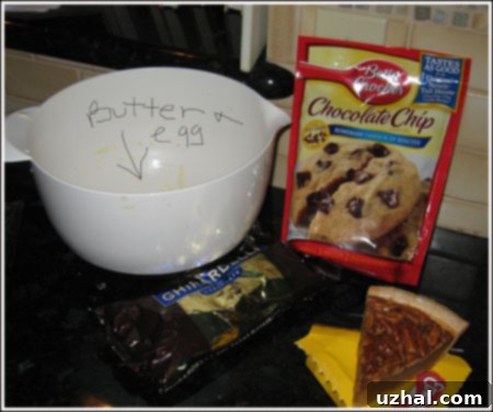 Key ingredients laid out for Pecan Pie Chocolate Chip Cookies: cookie mix, butter, egg, and pecan pie slices