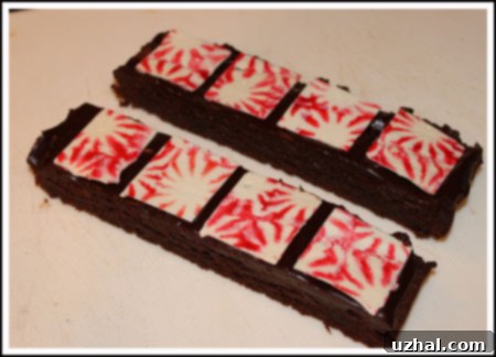 Finished Melted Peppermint Brownies, chilled and trimmed into perfect squares.