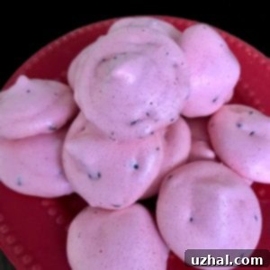 Raspberry Chip Meringues, a close-up of the delicate, pink cookie with chocolate chips.