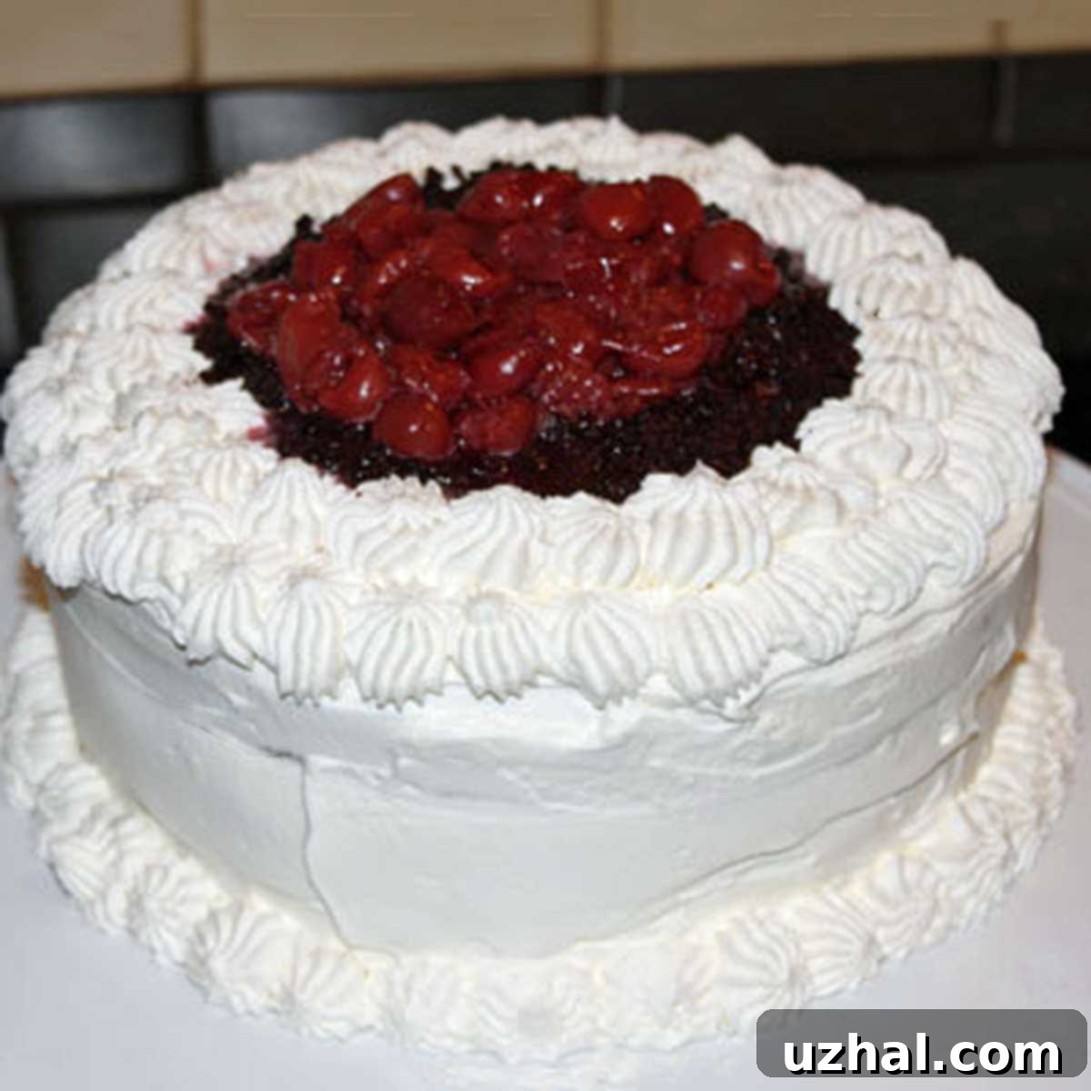A stunning full view of the Black Magic Forest Cake, adorned with homemade cherry pie filling and freshly whipped cream.
