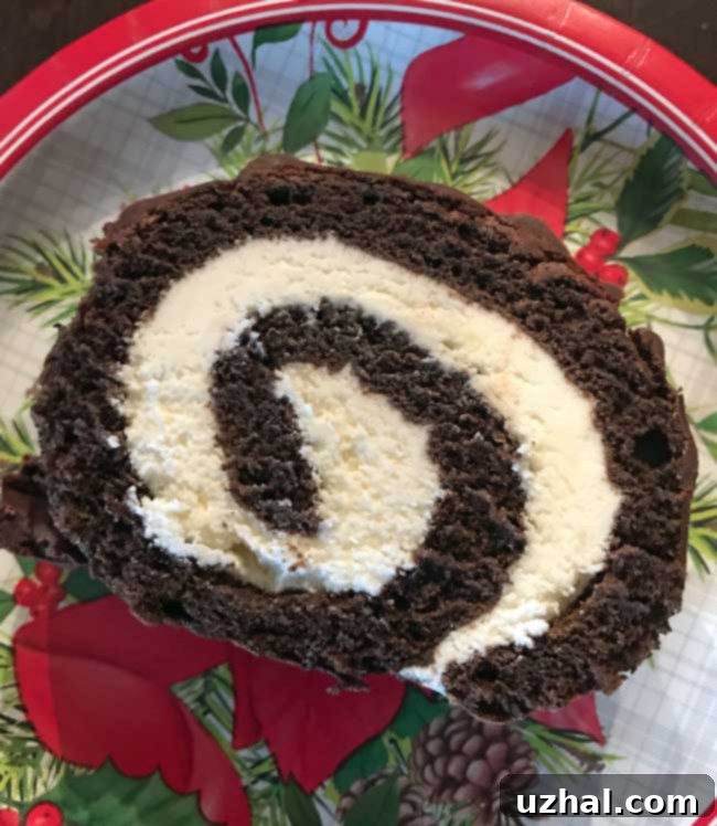 Delicious Peppermint Cake Roll with chocolate glaze and crushed peppermint garnish, perfect for festive occasions.