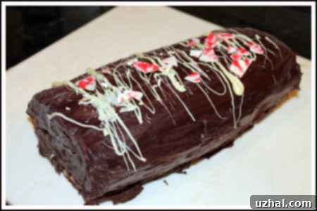 Detailed shot of the Peppermint Cake Roll before serving, showcasing the chocolate glaze.