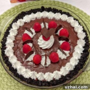 Elegant Raspberry Chocolate Pie, a no-bake dessert with a Jell-O and ice cream filling.