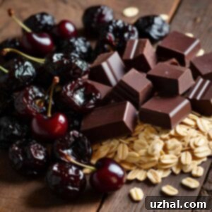 Dried cherries, chocolate and oats ready to be used in oatmeal cookies