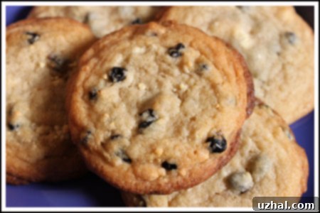 Close-up of a Milk Bar Blueberries-and-Cream Cookie with crispy edges and soft center.