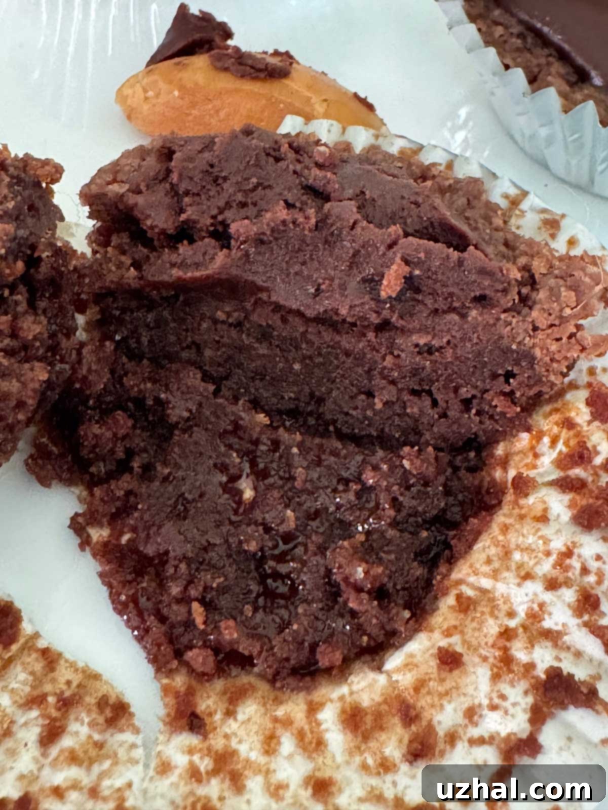 Close-up of the moist, rich texture of a small Kahlua brownie, perfectly baked at 325F, revealing its dense, fudgy interior.