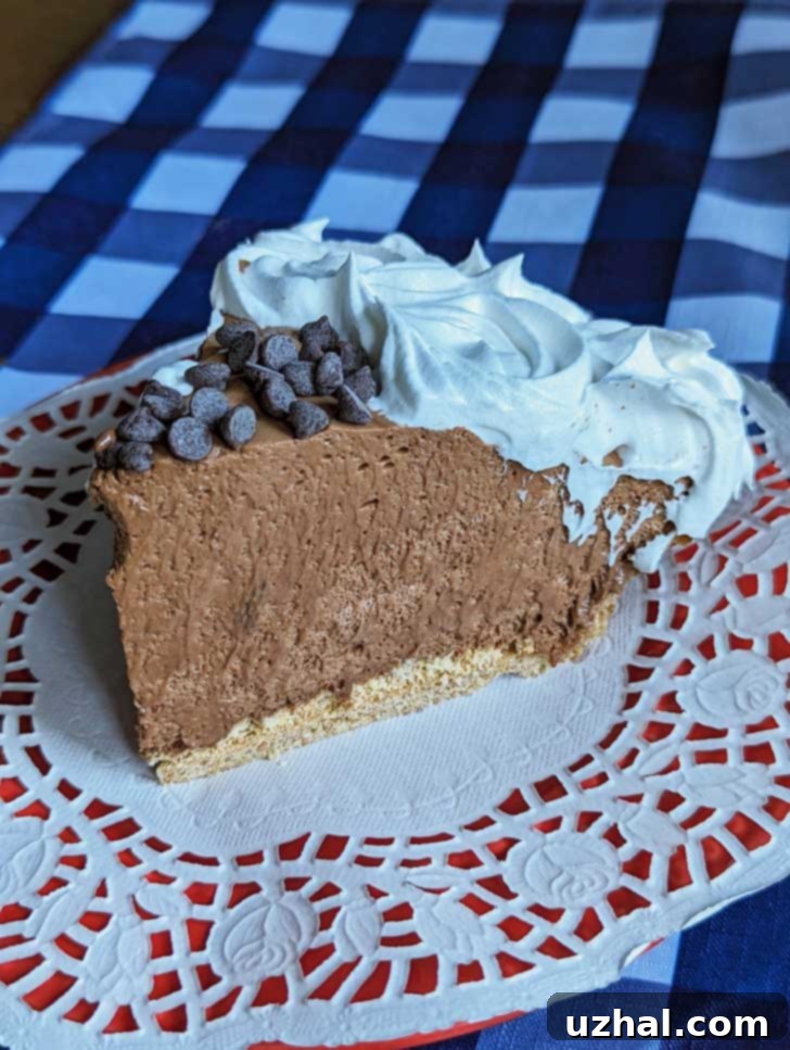 A slice of Chocolate Chiffon Pie with a perfectly intact rolled graham cracker crust.