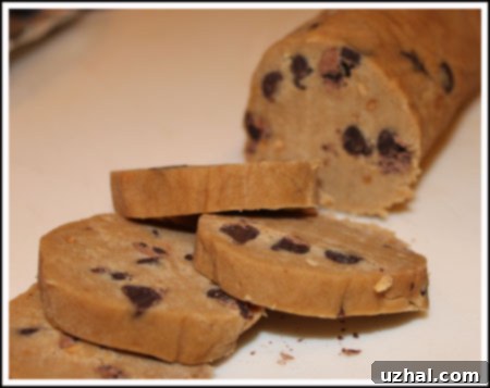 Slice and bake peanut butter chocolate chip cookie dough logs, ready for freezing or baking.