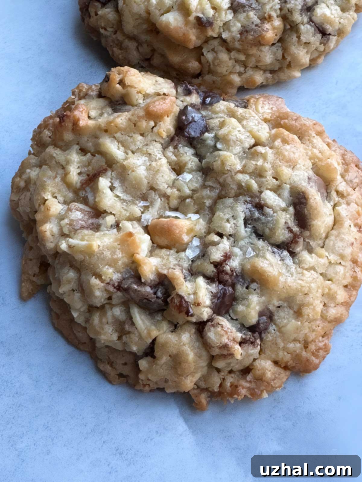 Double Chip Oatmeal Cookies 2 Close-up of baked Two Chip Oatmeal Cookie, showcasing semisweet and white chocolate chips with golden oats
