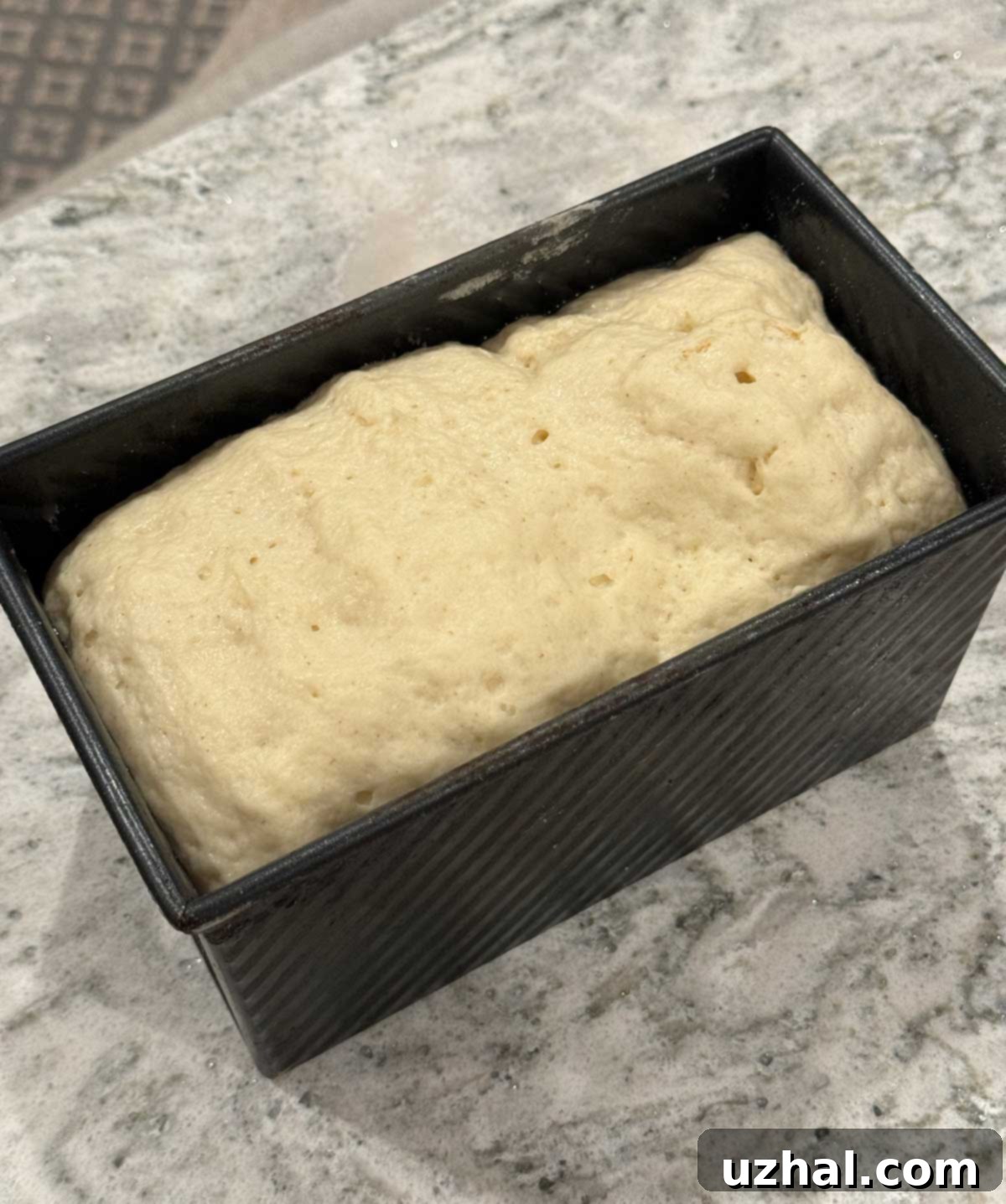 Gluten-free bread batter rising in a loaf pan, ready for baking