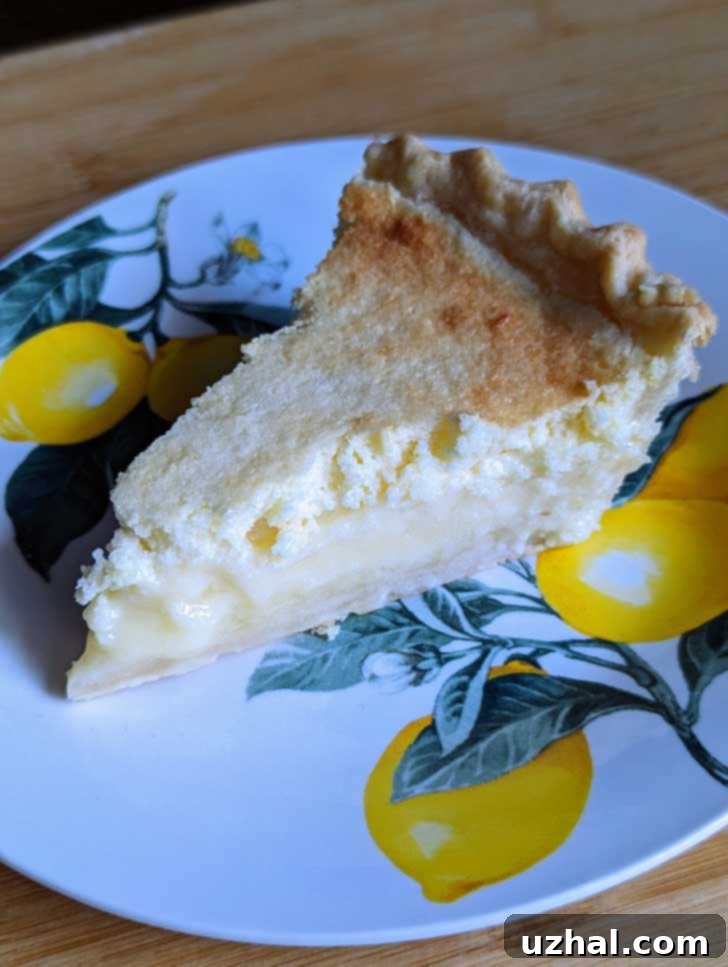 A perfectly sliced Lemon Cake Pie on a white plate, garnished with fresh lemon slices, showcasing its distinct, beautiful layers.