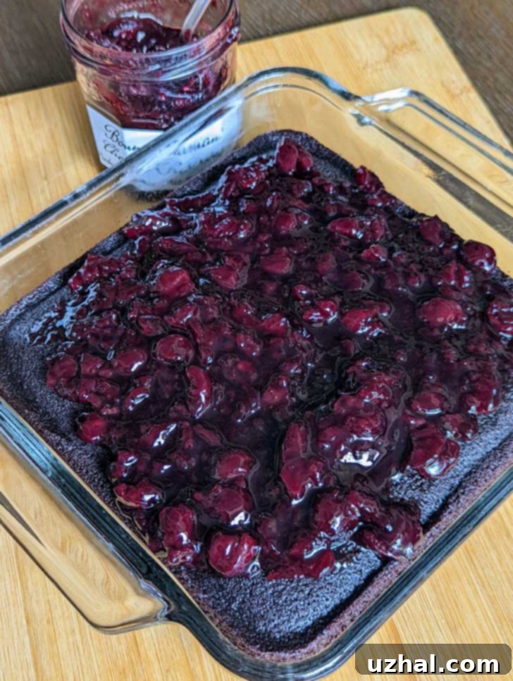 New York Times Chocolate Cherry Cake ready for whipped cream, topped with Bonne Maman cherry preserves