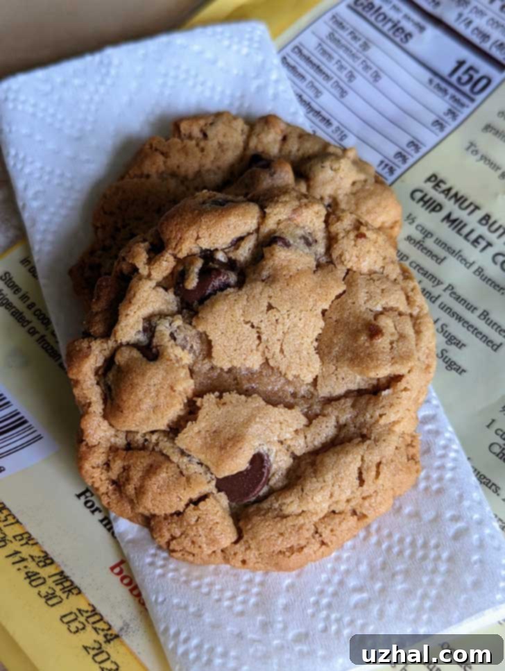 Millet Peanut Butter Chocolate Chip Cookies with a crackly top.