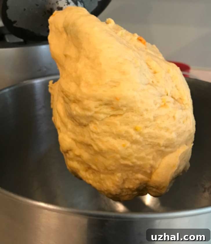 Sweet potato bread dough expertly clinging to the dough hook of a stand mixer, indicating proper consistency.
