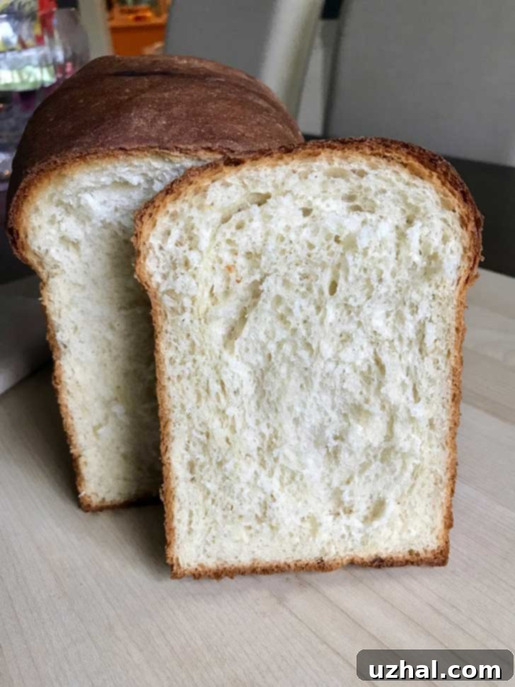 Texture shot of Potato Flour Bread sliced from the loaf, revealing a soft, airy crumb.