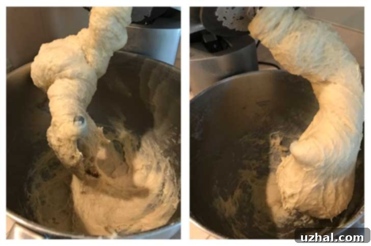 Two side-by-side images showing potato flour bread dough at different kneading stages. The left image shows dough clinging to the sides, the right shows it mostly clinging to the bottom.