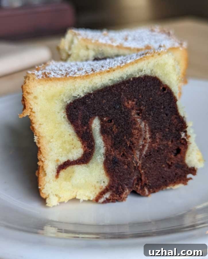 Loaf Pan Marble Cake baked in a small tube pan.