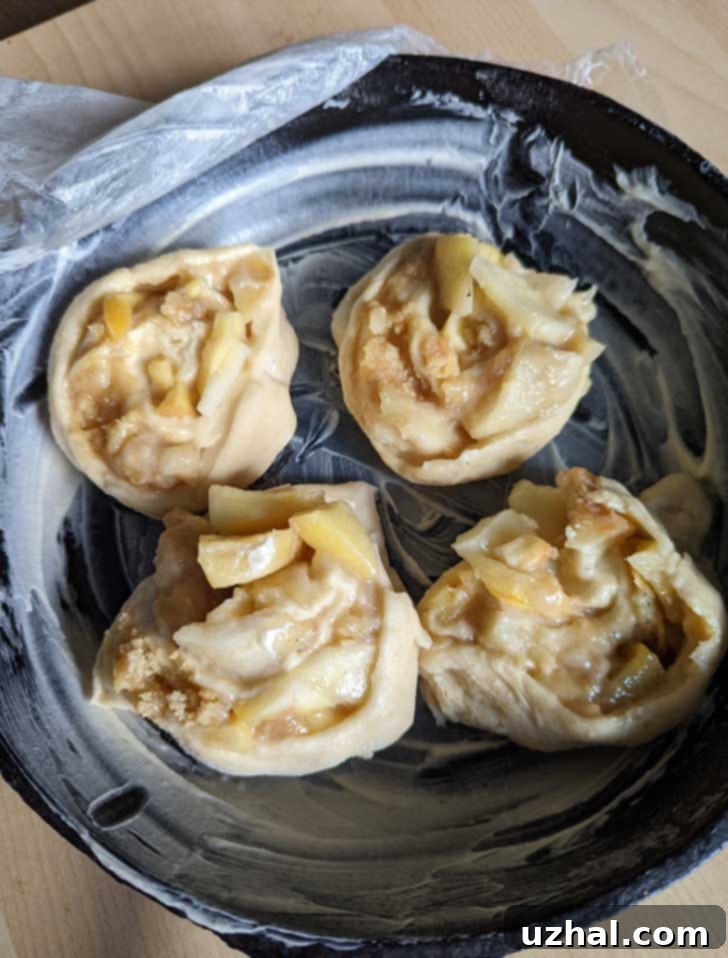 Unbaked cinnamon rolls with a filling of apple pie, perfectly arranged in a buttered cast iron skillet, ready to rise and bake.