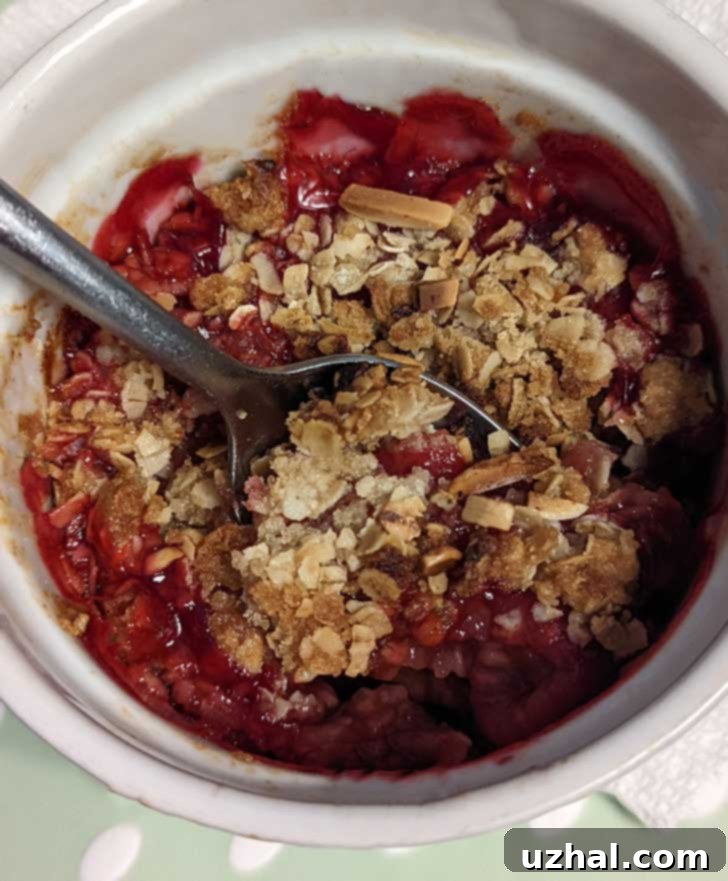 Aromatic Cardamom Raspberry Crisp 2 Close-up of a golden brown Cardamom Raspberry Crisp baked in a ramekin, garnished with fresh raspberries