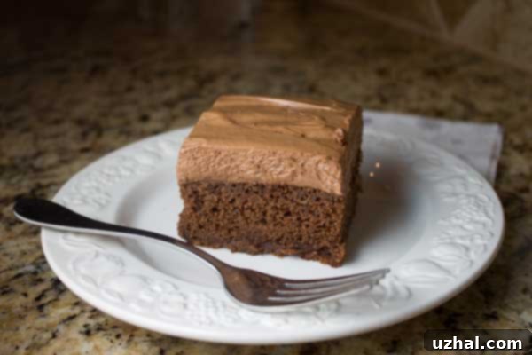 Moist Chocolate Cake made with pancake syrup and baked in an 8-inch pan, topped with delectable Chocolate Maple Mousse.