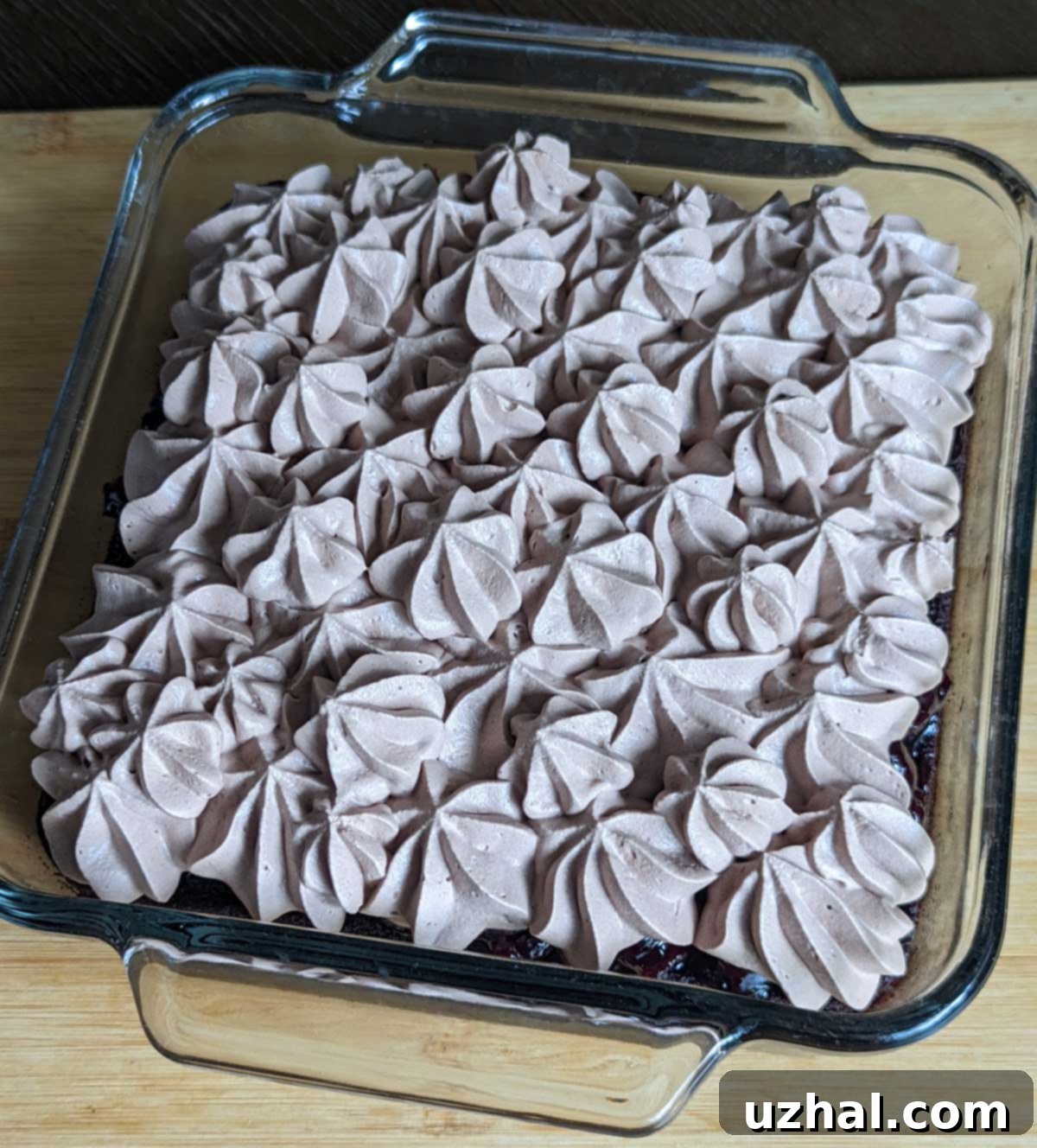 Elegant 8 Inch Chocolate Cake topped with sweet cherry preserves and airy cocoa-flavored whipped cream.