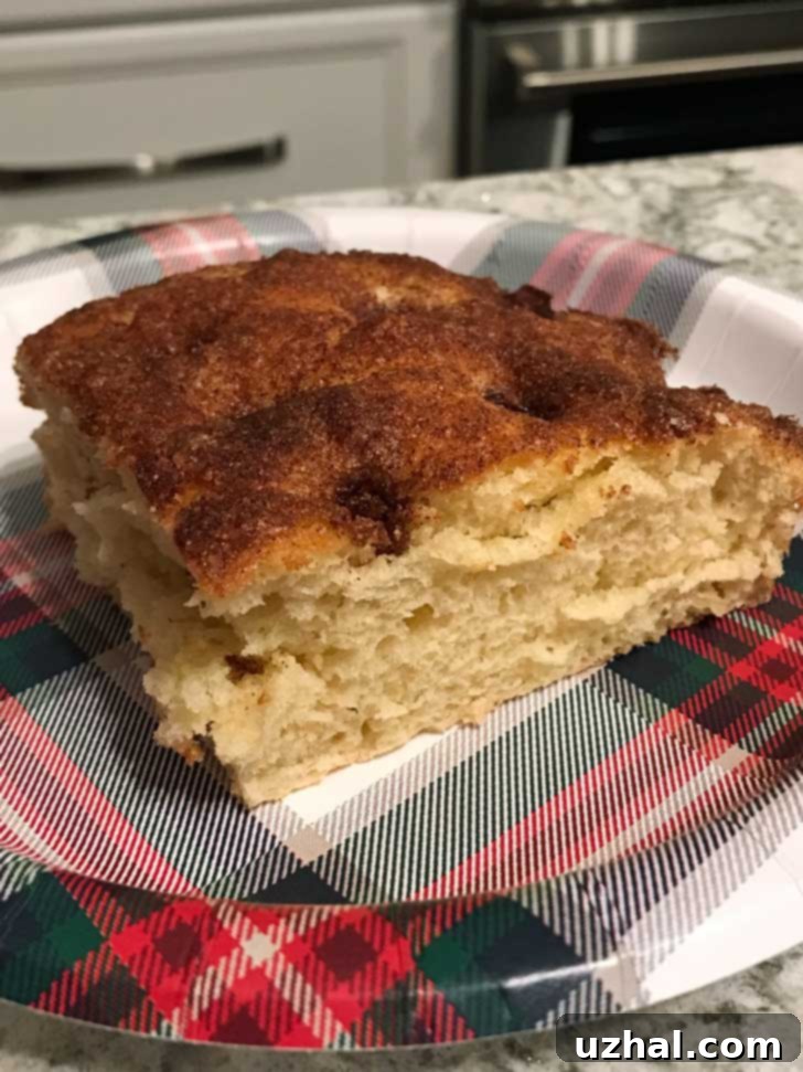 Square of Moravian Sugar Cake on a Christmas paper plate.