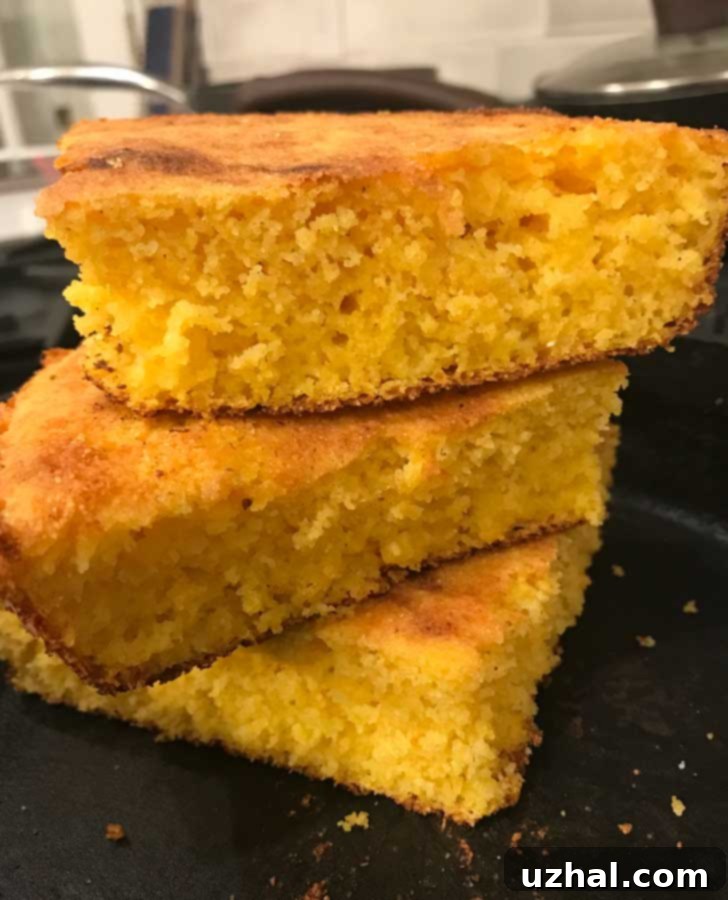 Low Country Cornbread recipe with no sugar and no flour baked in a cast iron skillet.