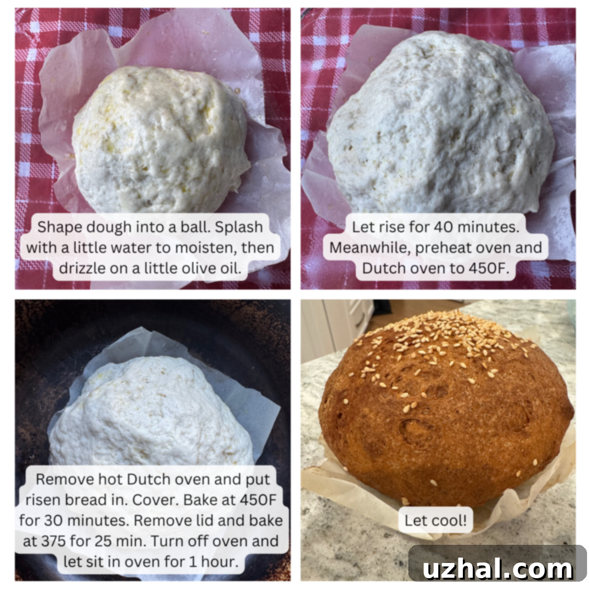 Final dough shaping and preparation for rising in the Dutch oven.