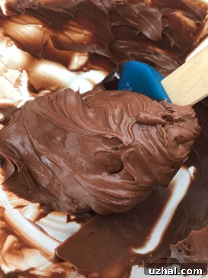 No Egg Chocolate Buttercream Frosting on a blue scraper